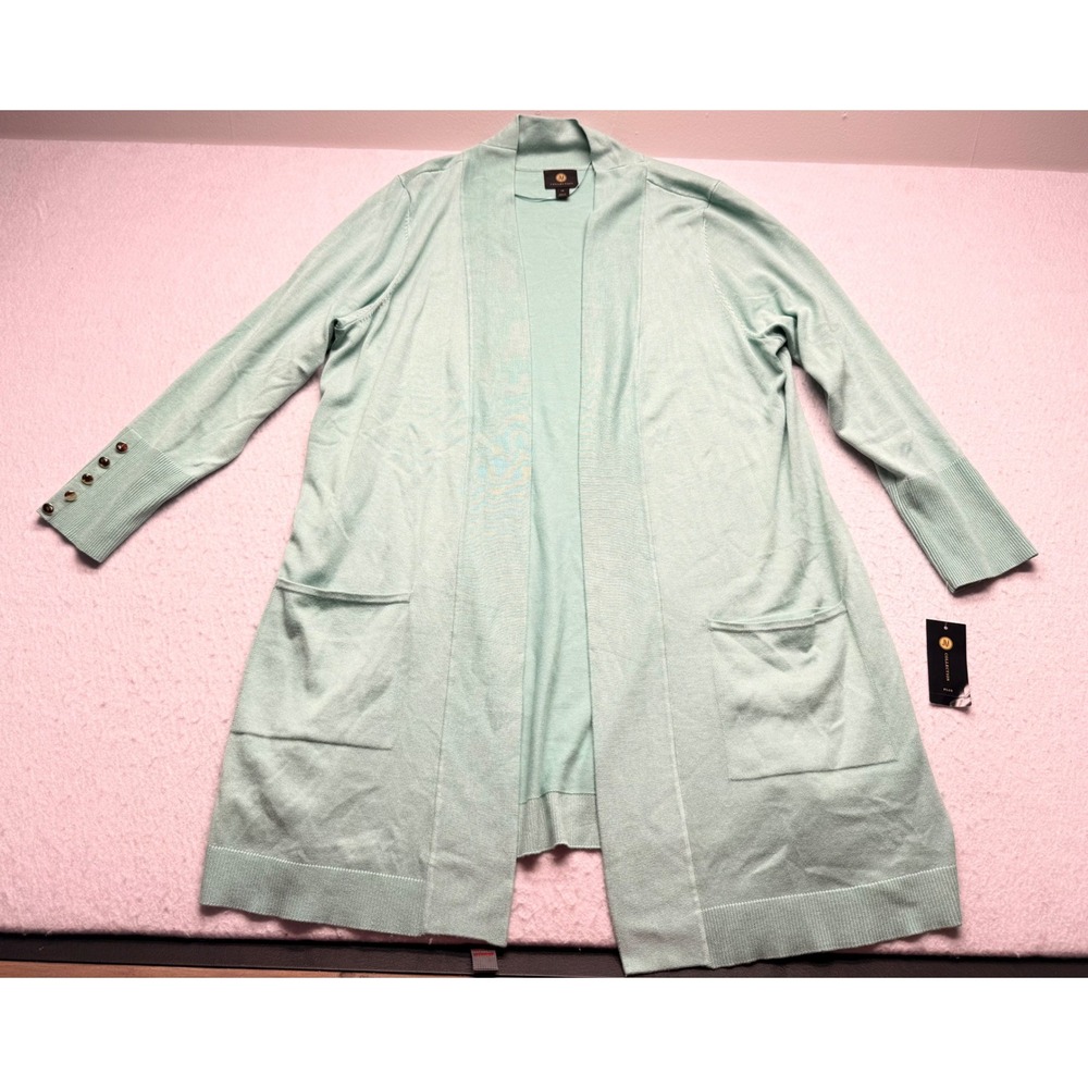 JM Collection Womens 1X Mint Green Longline Open Front Cardigan Gold Buttons